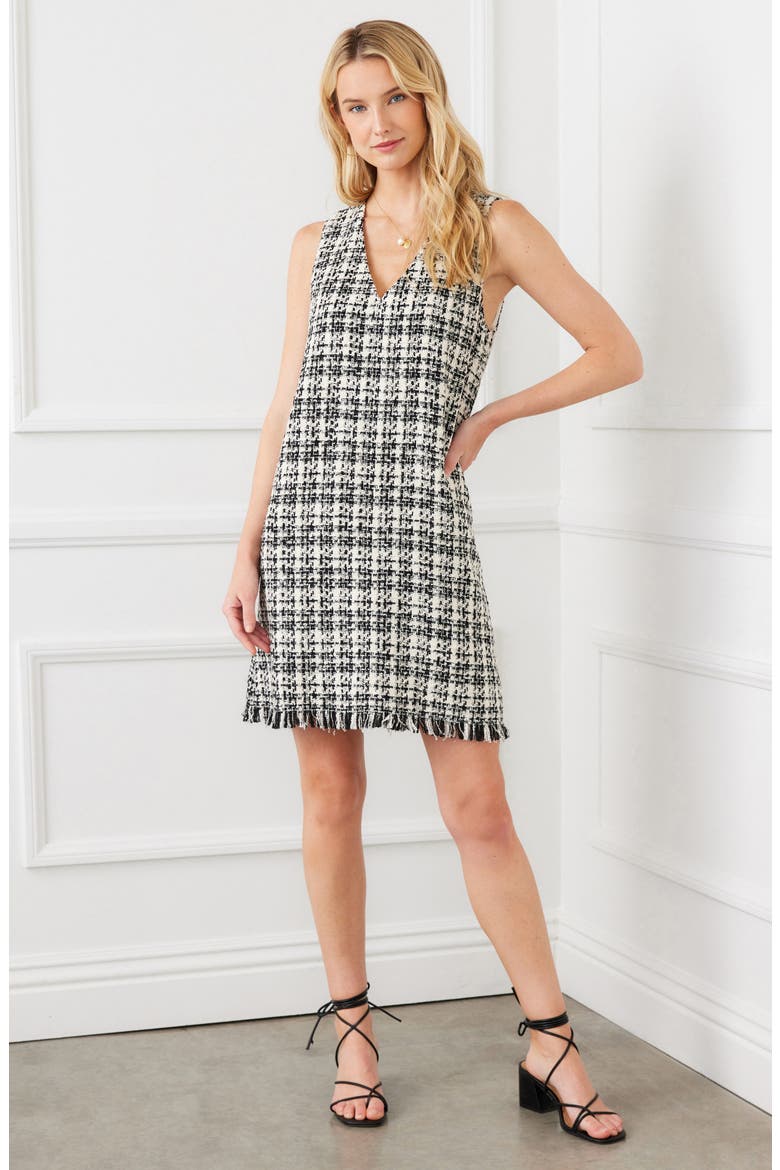 Cotton Blend Tweed Shift Dress, Alternate, color, BLACK/CREAM