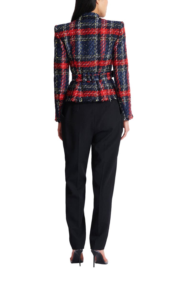 Balmain Belted plaid tweed jacket, Alternate, color, Red