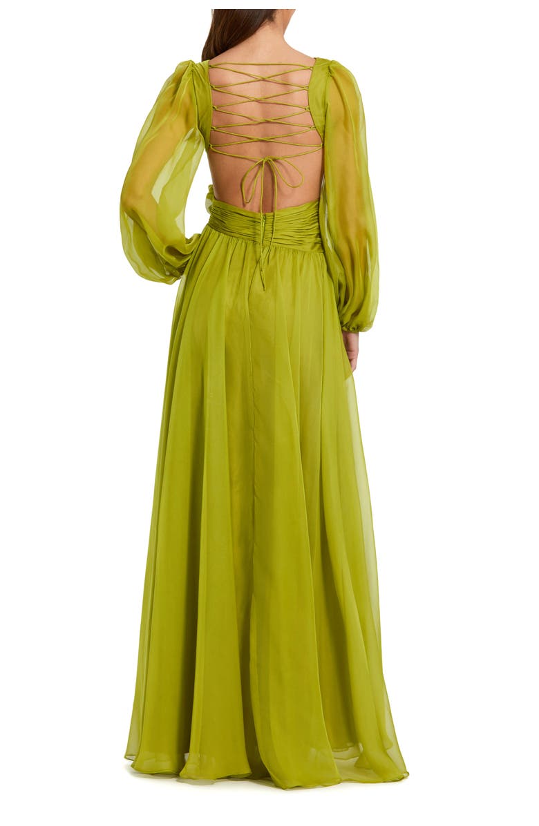 Mac Duggal Long Sleeve V Neck Chiffon Gown With 3D Flower, Alternate, color, Apple Green
