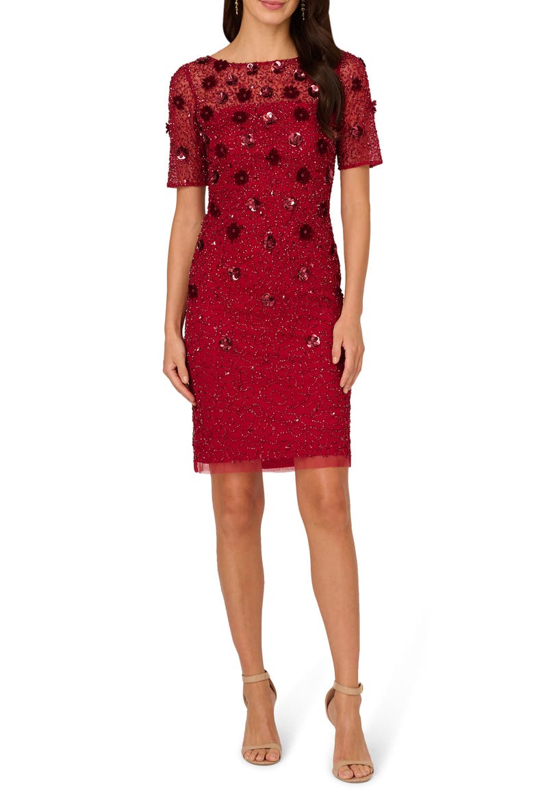 Sequin Mesh & Velvet Cocktail Sheath Dress, Main, color, CRANBERRY