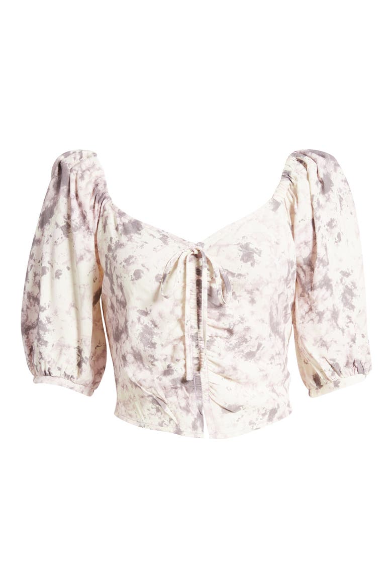 Tie Front Puff Sleeve Blouse, Alternate, color, IVORY- GREY Q CAMPY DYE