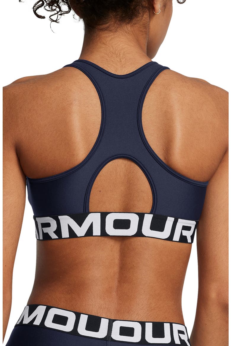 HeatGear® Mid Racerback Logo Jacquard Sports Bra, Alternate, color, MIDNIGHT NAVY / / WHITE