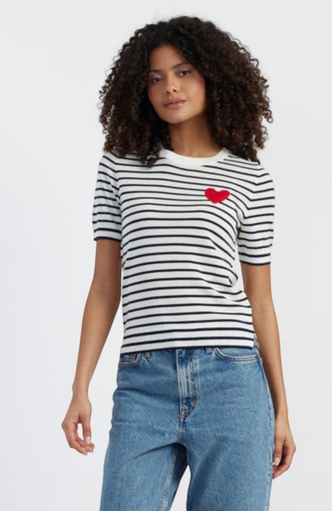 Pure Merino Heart Breton Short Sleeve Sweater