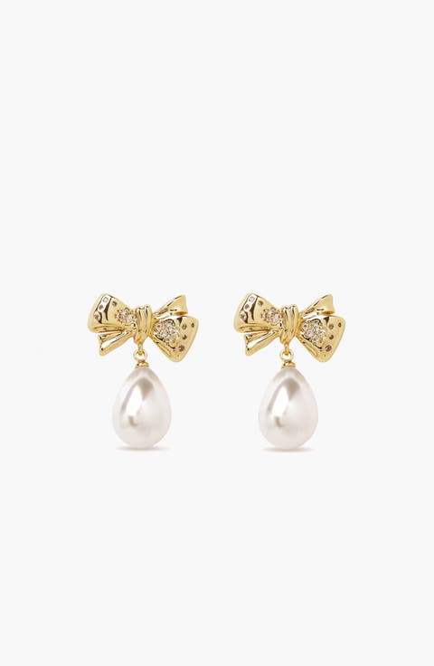 Bow Pearl Earrings Drop Earrings In Gold, Crystals & Pearls