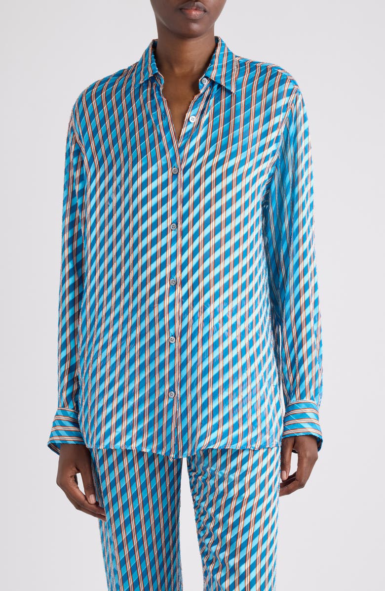 Dries Van Noten Clavelly Devoré Diagonal Stripe Button-Up Shirt, Main, color, Turquoise