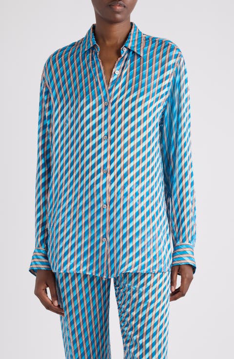 Clavelly Devoré Diagonal Stripe Button-Up Shirt