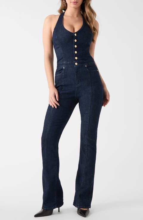 Kacie Halter Stretch Denim Jumpsuit