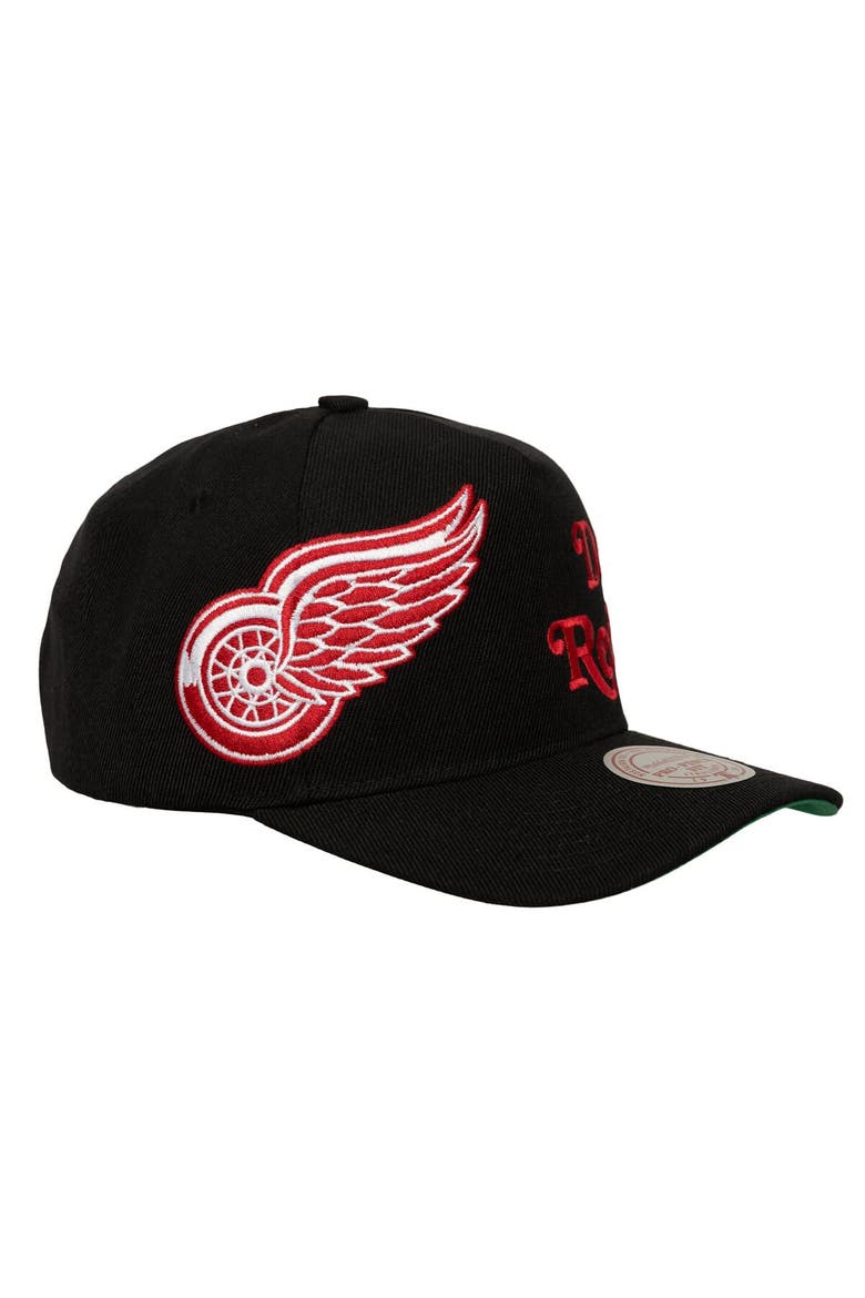 Men's Mitchell & Ness  Black Detroit Red Wings Busted Logo Wordmark Wrap-Around Pro Pinch Adjustable Hat, Alternate, color, Black