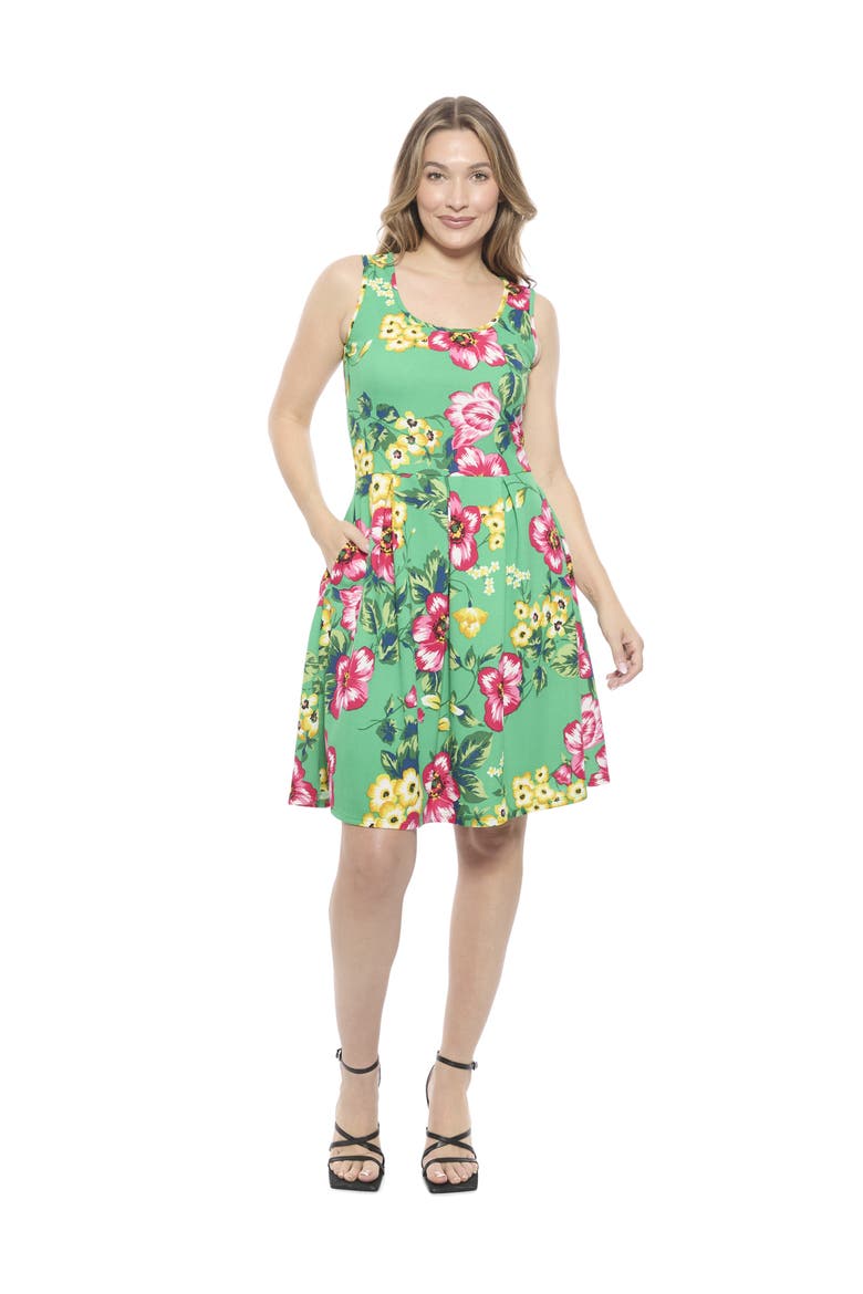 Womens Floral Sleeveless Pleated Pocket Skater Dress, Main, color, Green Multi