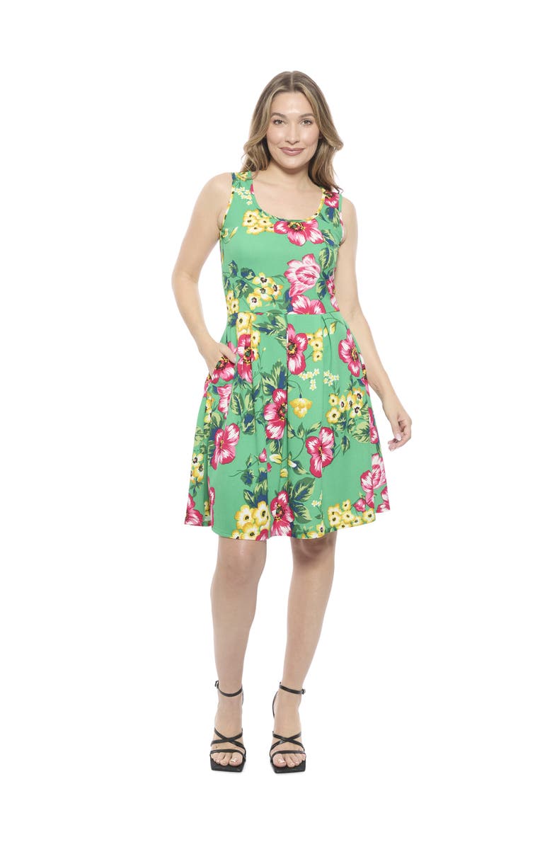 24seven Comfort Apparel Womens Floral Sleeveless Pleated Pocket Skater Dress, Main, color, Green Multi
