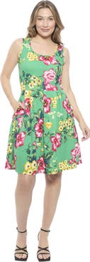 24seven Comfort Apparel Womens Floral Sleeveless Pleated Pocket Skater Dress