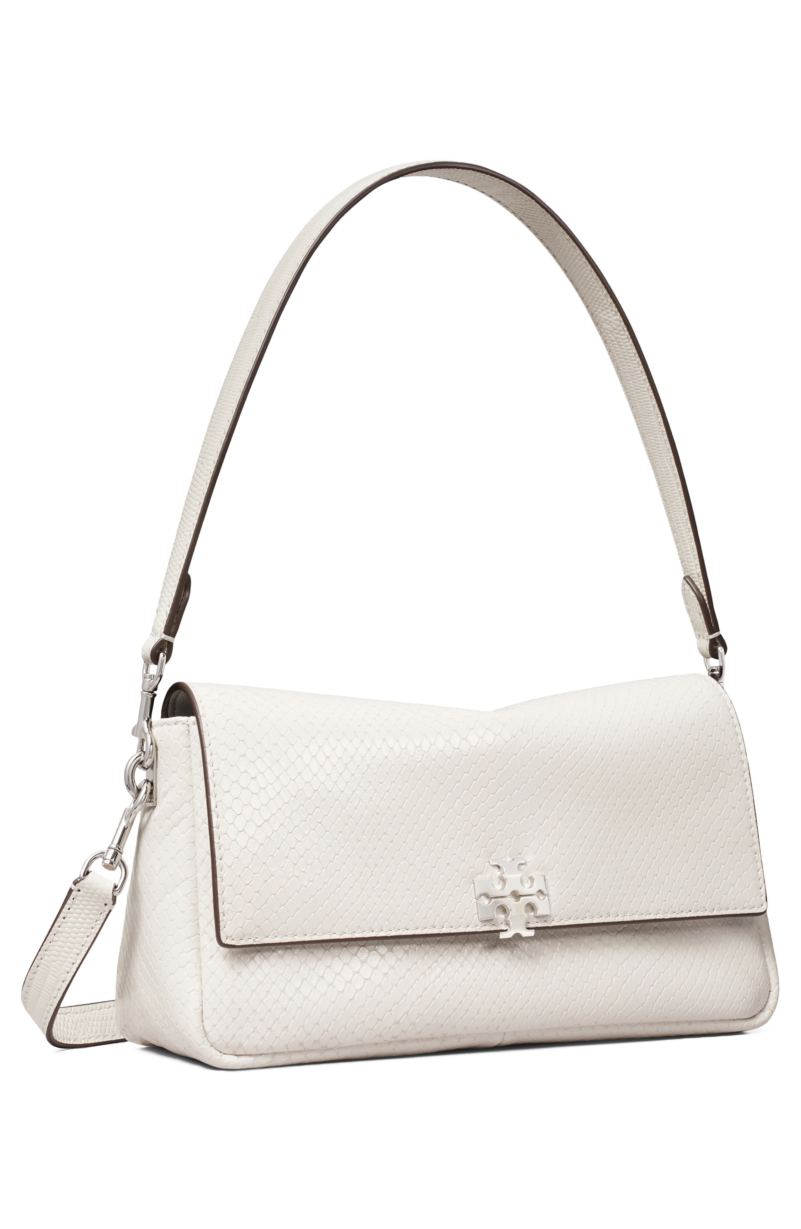 Tory Burch Small Charlie Snakeskin Embossed Leather Shoulder Bag, Alternate, color, Light Gray