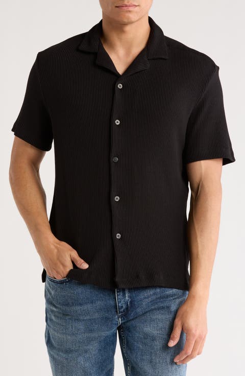 Solid Black Rib Knit Cotton Blend Camp Shirt
