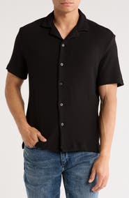 DENIM AND FLOWER Solid Black Rib Knit Cotton Blend Camp Shirt
