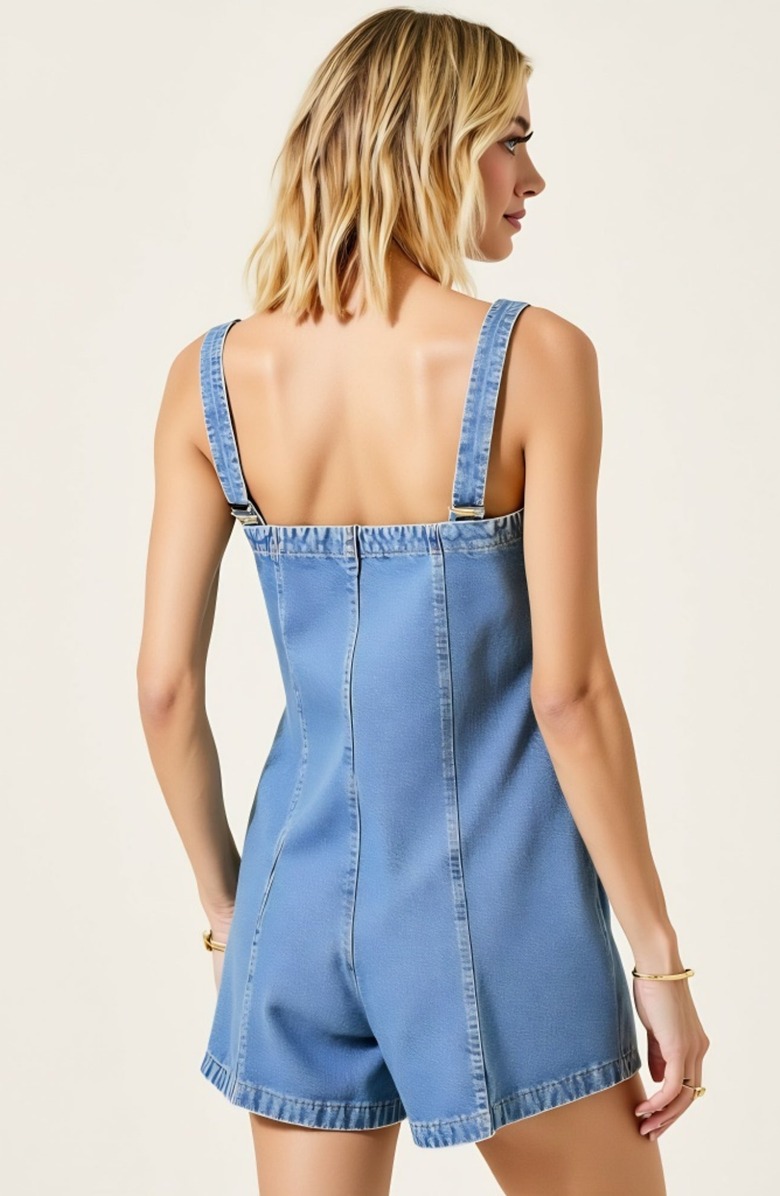 Modenaire Denim Zip-Front Wide-Strap Side-Pocket Romper, Alternate, color, Light Wash Denim