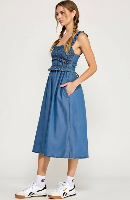 Modenaire Smocked Midi Dress With Ruffled Straps And Gathered Skirt In Blue