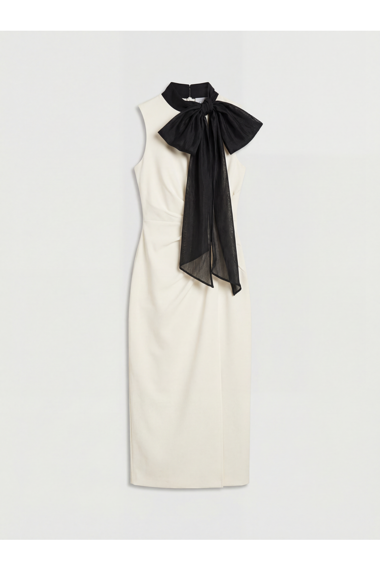 Organza Pussybow Column Midi Dress, Alternate, color, Cream