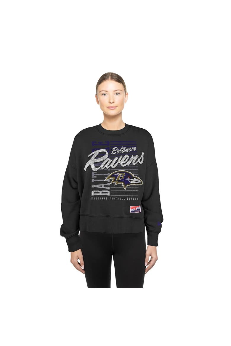 Women's New Era Black Baltimore Ravens Oversized Throwback Mineral Wash Crew Neck Sweatshirt, Alternate, color, Black