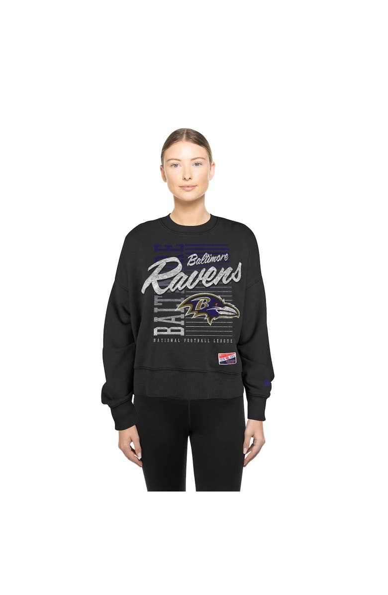 New Era Women
s New Era Black Baltimore Ravens Oversized Throwback Mineral Wash Crew Neck Sweatshirt, Alternate, color, Black