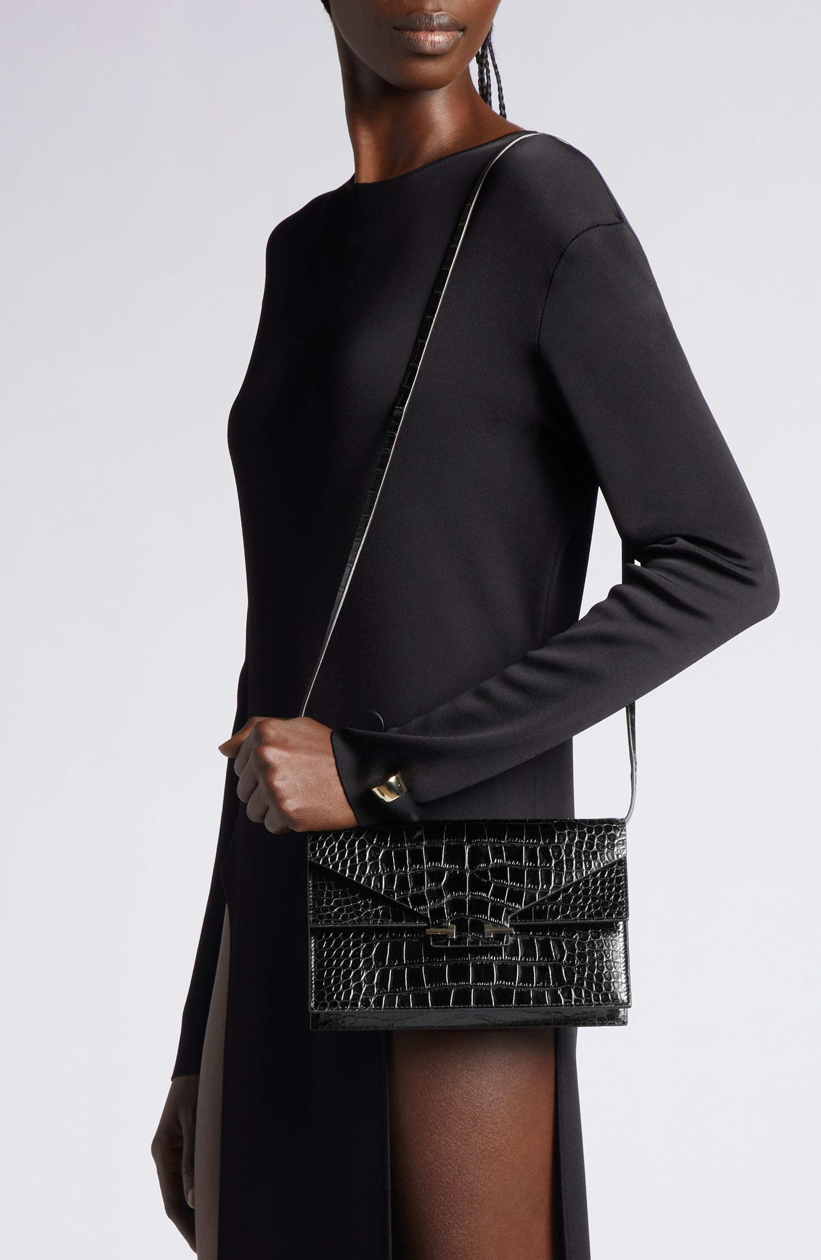 TOM FORD Mini Aube Croc Embossed Leather Shoulder Bag, Alternate, color, Black