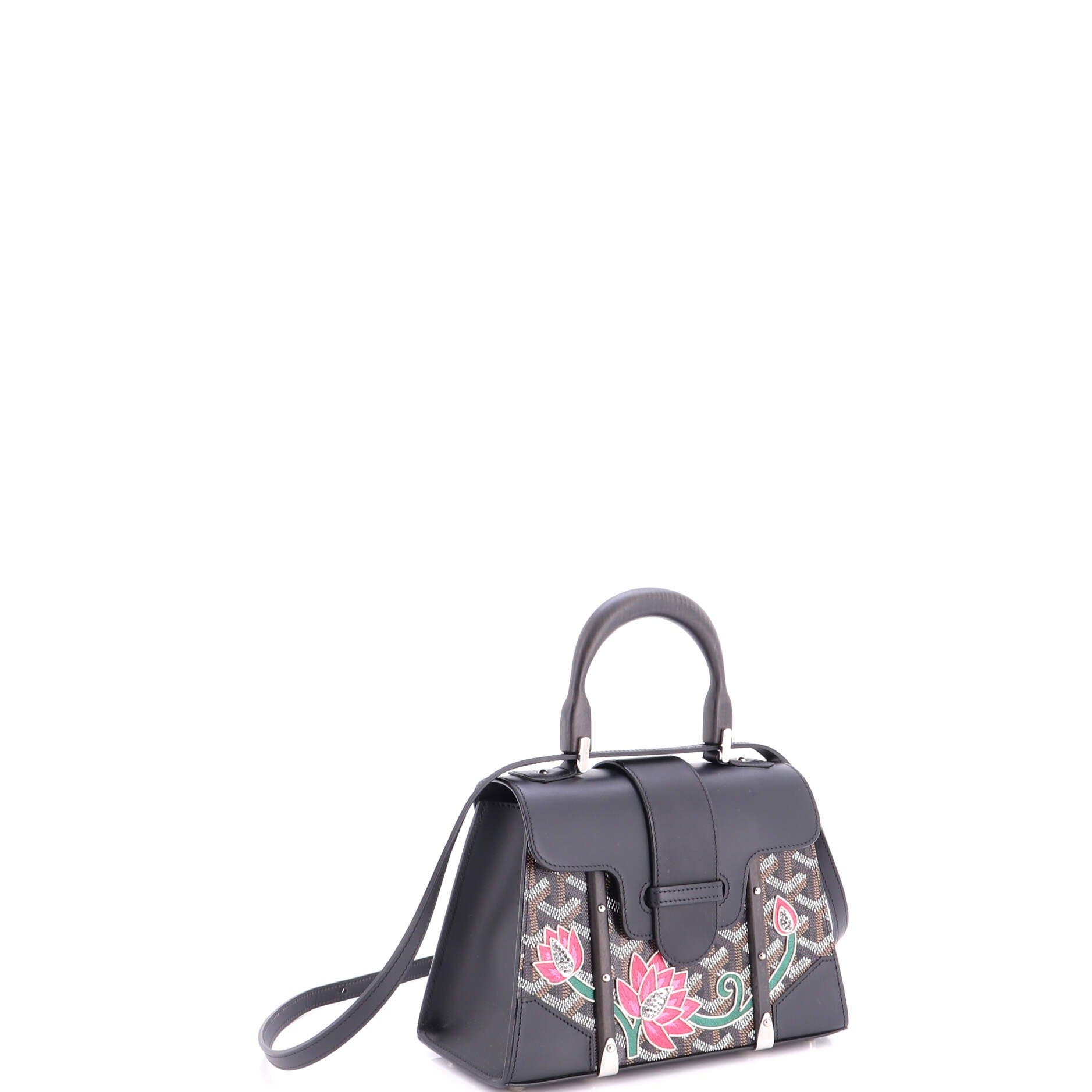 Structured Saigon Top Handle Bag Embroidered Coated Canvas with Leather Mini, Alternate, color, Black
