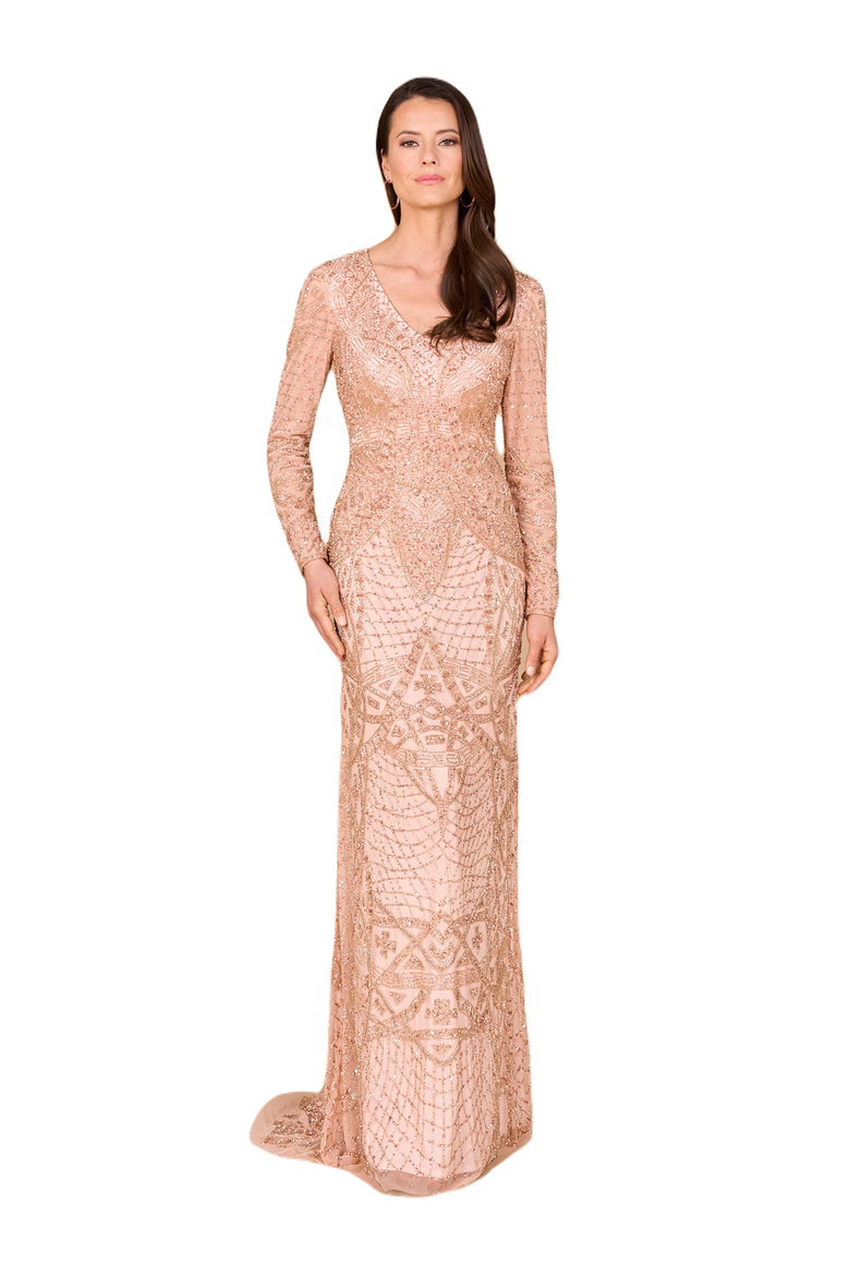Beaded Long Sleeve V-Neck Gown, Main, color, Rose Gold