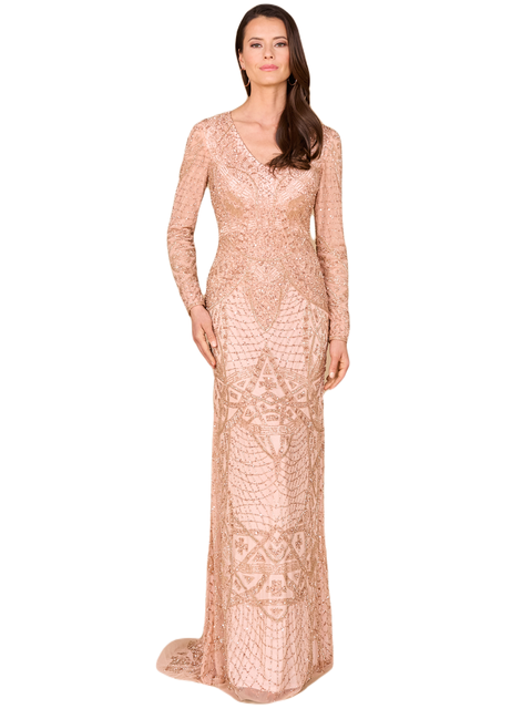 Beaded Long Sleeve V-Neck Gown