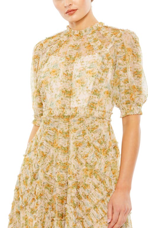 Mac Duggal Illusion High Neck Mesh Puff Sleeve Floral Print Dress In Yellow Multi