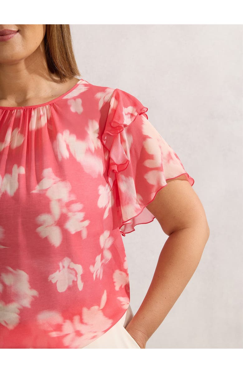 Live Unlimited Floral Print Ruffle Overlay Blouse, Alternate, color, Coral