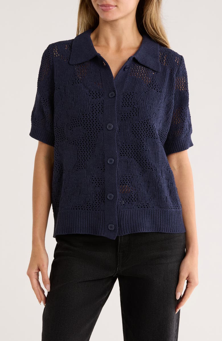 Bobeau Floral Short Sleeve Cardigan, Main, color, Navy