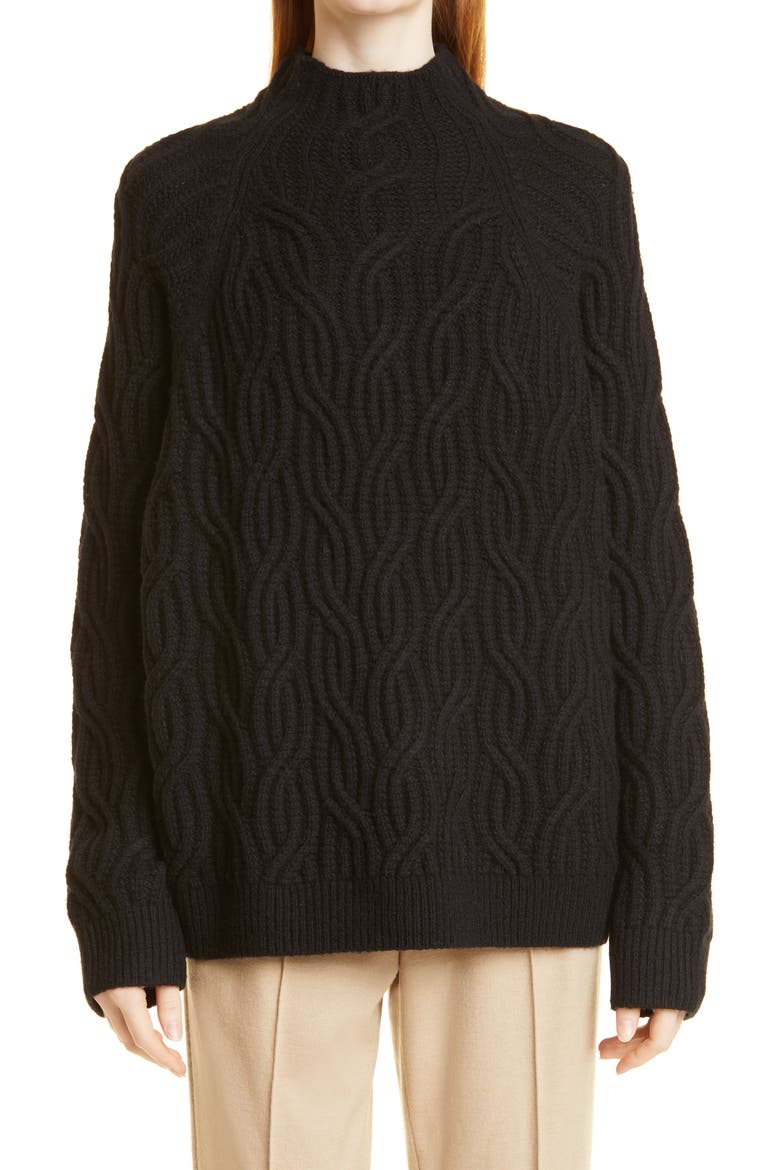 Cable Stitch Funnel Neck Sweater (Nordstrom Exclusive), Main, color, BLACK