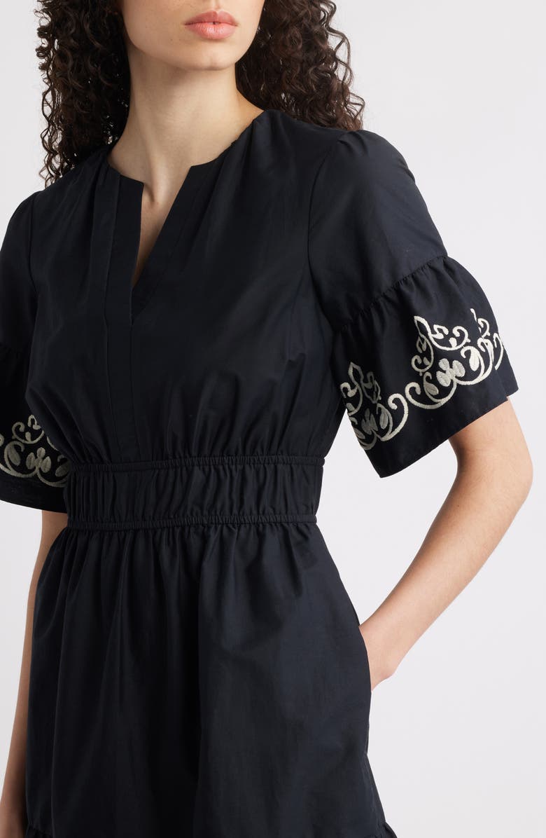 Vince Camuto Embroidered Smocked Waist Dress, Alternate, color, Black