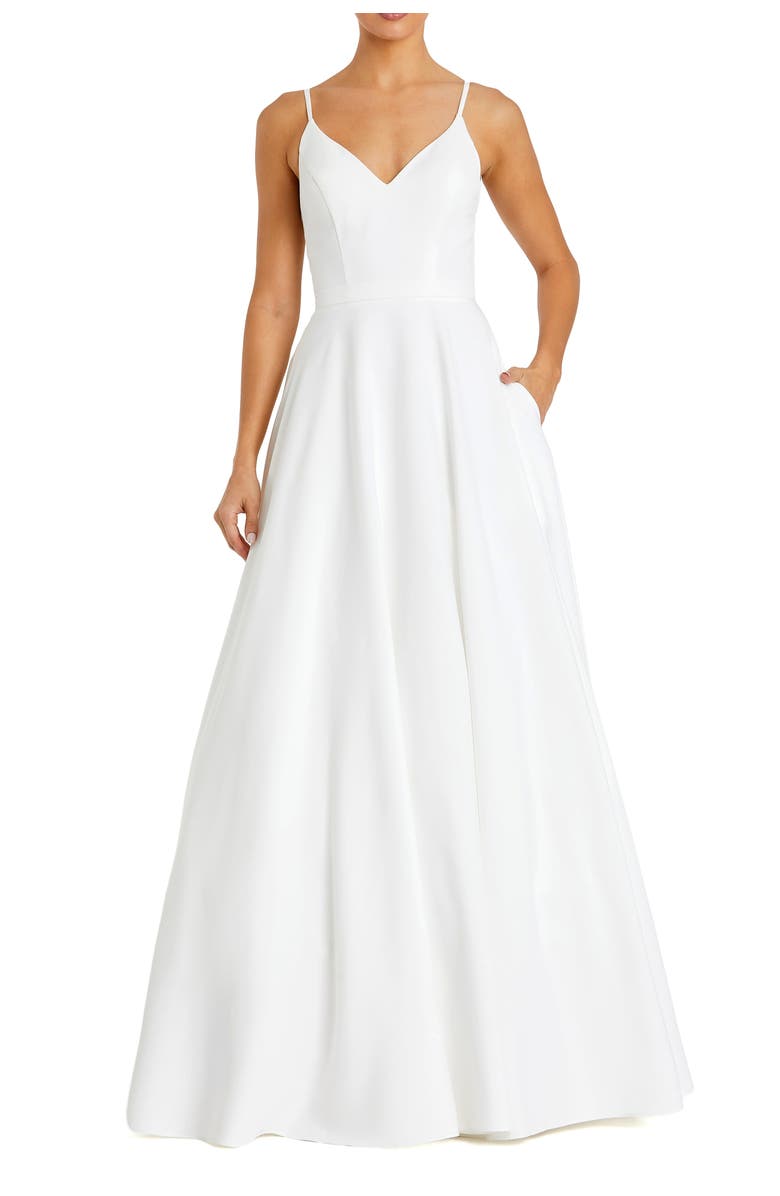 Mac Duggal Petite V-Neck Ball Gown with Belted A-Line Skirt, Main, color, White