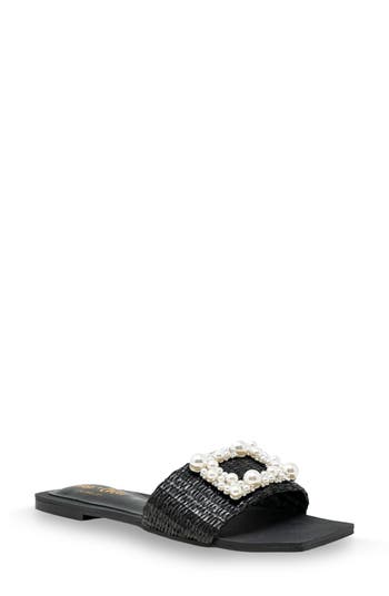 Chase & Chloe Chase And Chloe Taylor Faux Pearl Slide Sandal In Black