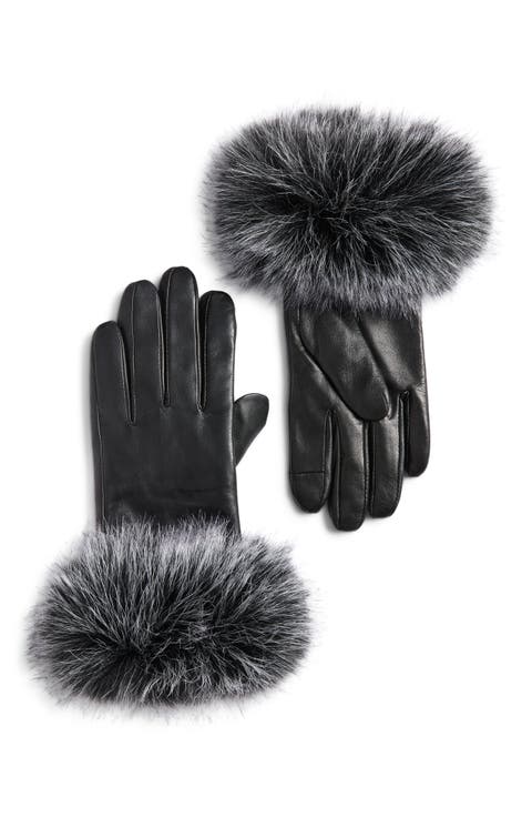 Tech Leather Gloves with Faux Fur Cuffs
