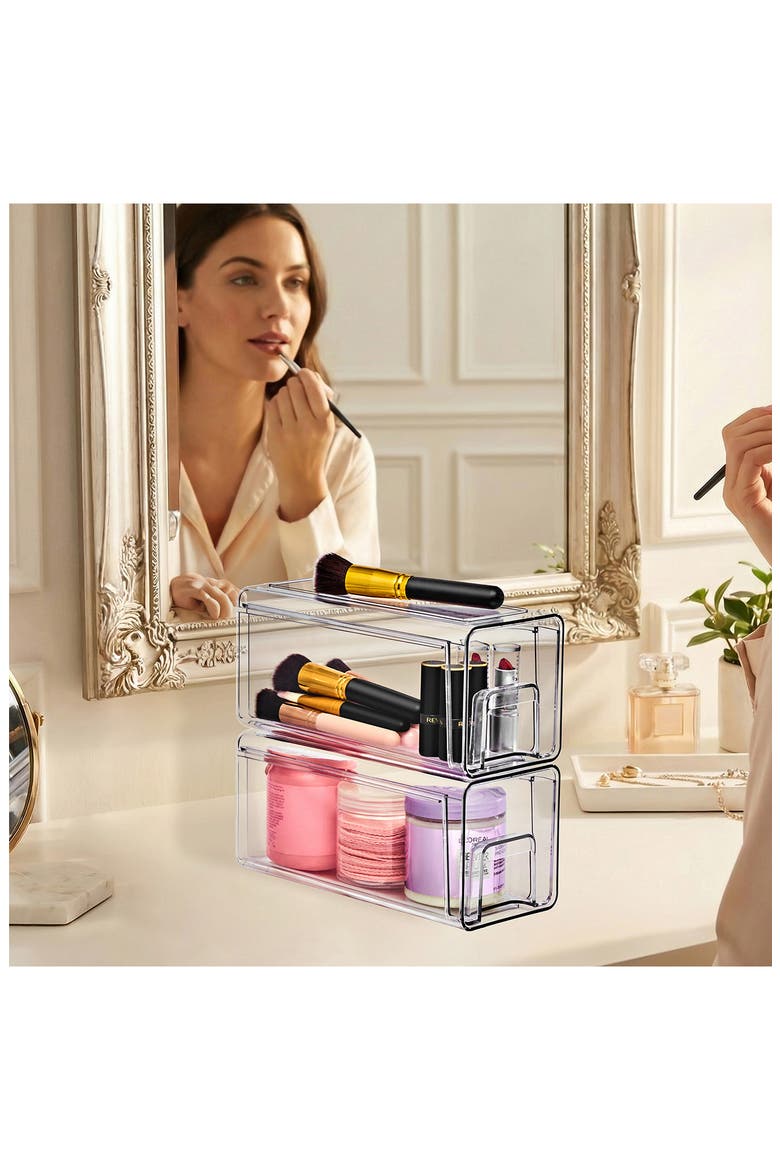 Set of 2 Small Stackable Storage Drawers, Alternate, color, CLEAR