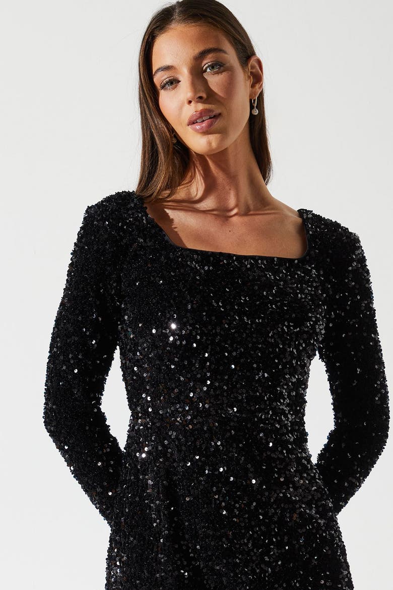 Sequin Feather Hem Party Midi Dress, Alternate, color, Black