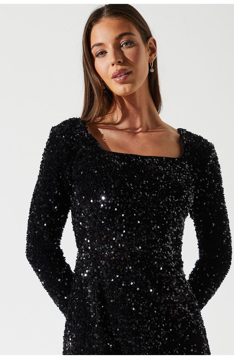 Coast Sequin Feather Hem Party Midi Dress, Alternate, color, Black