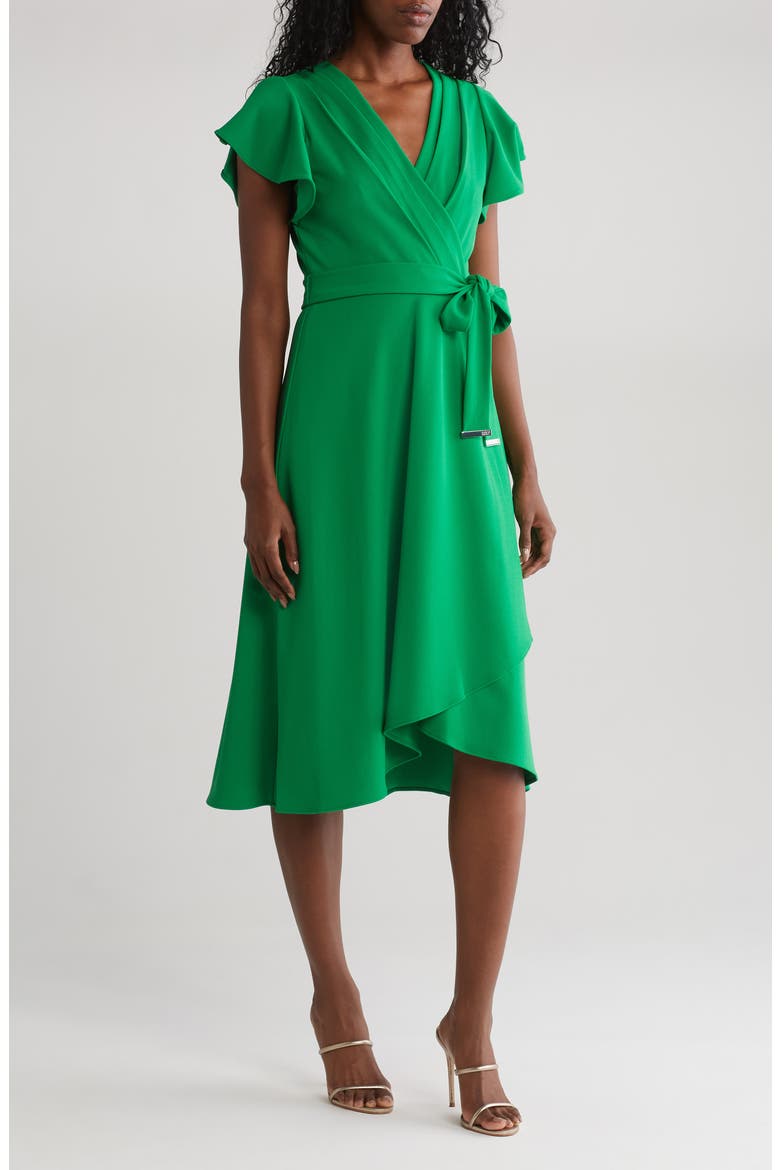 flutter sleeve faux wrap midi dress Mac Duggal Women's Printed Mesh Flutter Sleeve Faux Wrap Midi Dress
