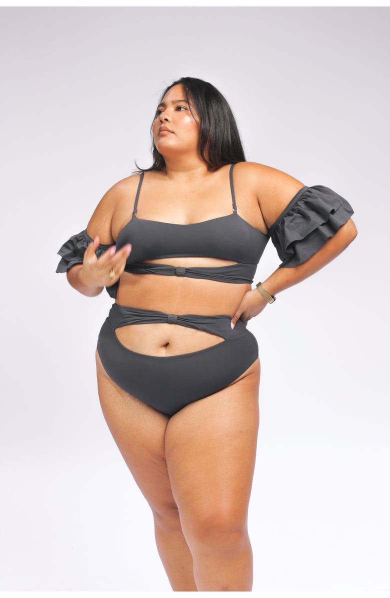 Mary Mercedes Ty Cutout Bikini Top With Ruffle Sleeves, Alternate, color, Charcoal Grey