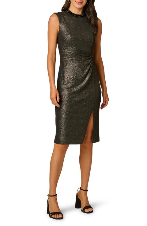 Pearly Neck Metallic Midi Sheath Dress