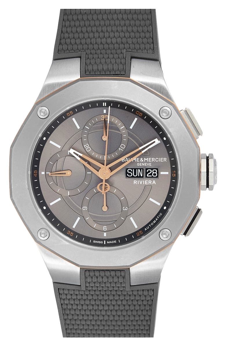 Baume & Mercier Riviera 10722 Rubber Strap Automatic Chronograph Watch, 43mm, Main, color, Slate-Grey
