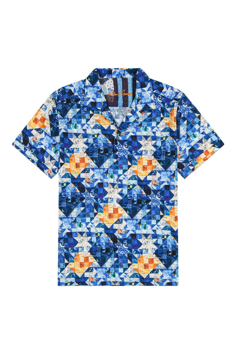 Sashiko Geometric Print Stretch Cotton Camp Shirt, Alternate, color, BLUE MULTI