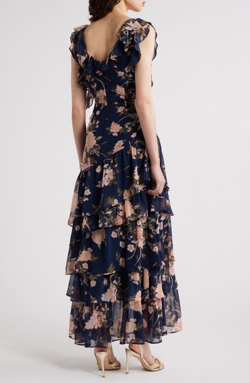 Chelsea28 Cap Sleeve Cascading Ruffle Gown In Navy League Romantic Blooms