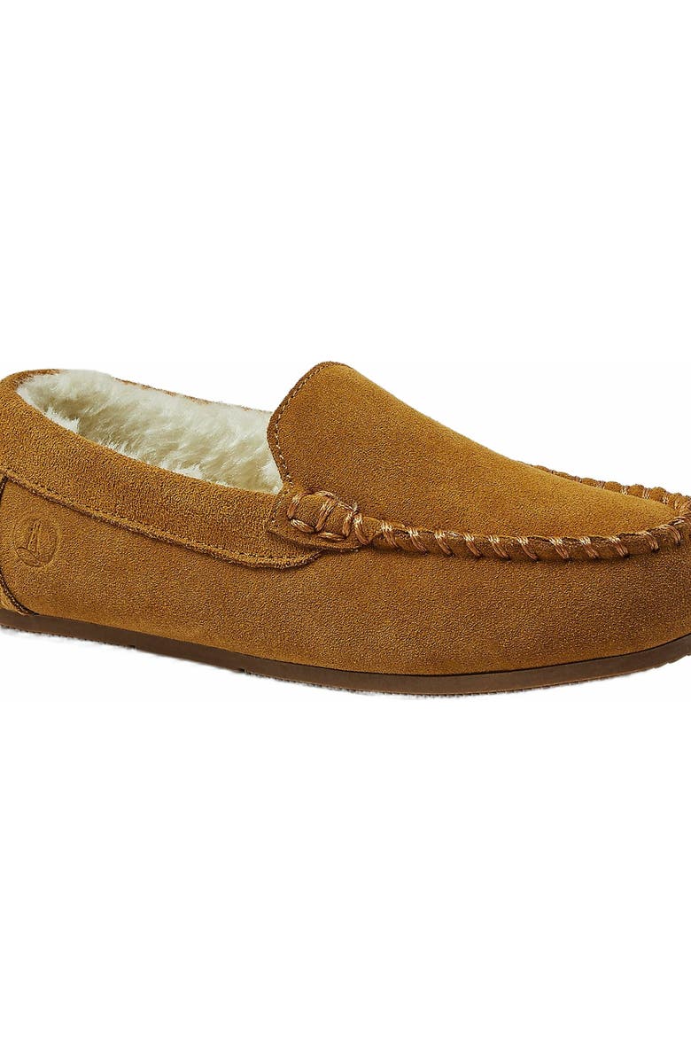 Lands' End Kids Fuzzy Lined Suede Moccasin Slippers, Alternate, color, English Tan Suede