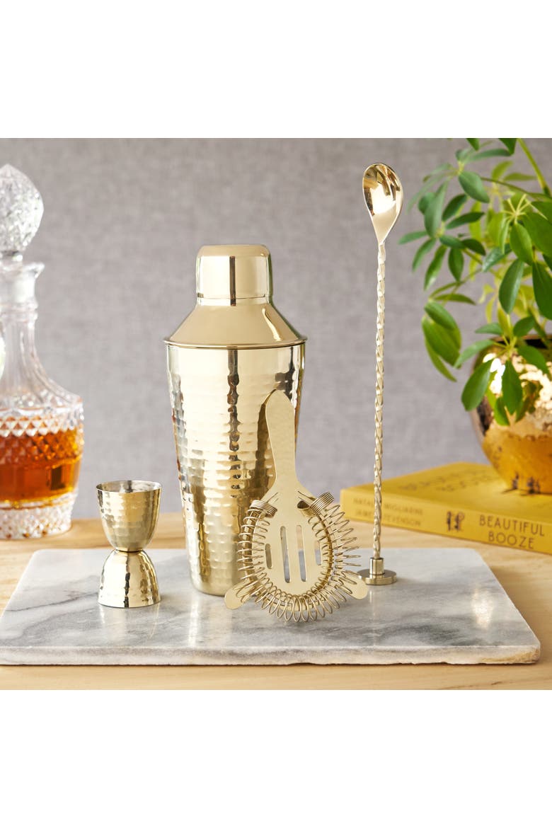 Hammered 4-Piece Barware Set in Gold, Alternate, color, Gold