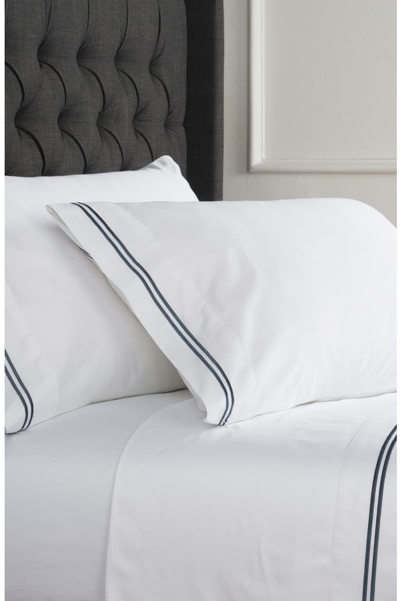 Dual Stripe Embroidered 600 Thread Count Cotton Sheet Set, Main, color, NAVY