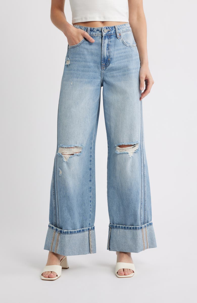 HIDDEN JEANS Distressted Cuff Wide Leg Jeans, Main, color, Med.wash