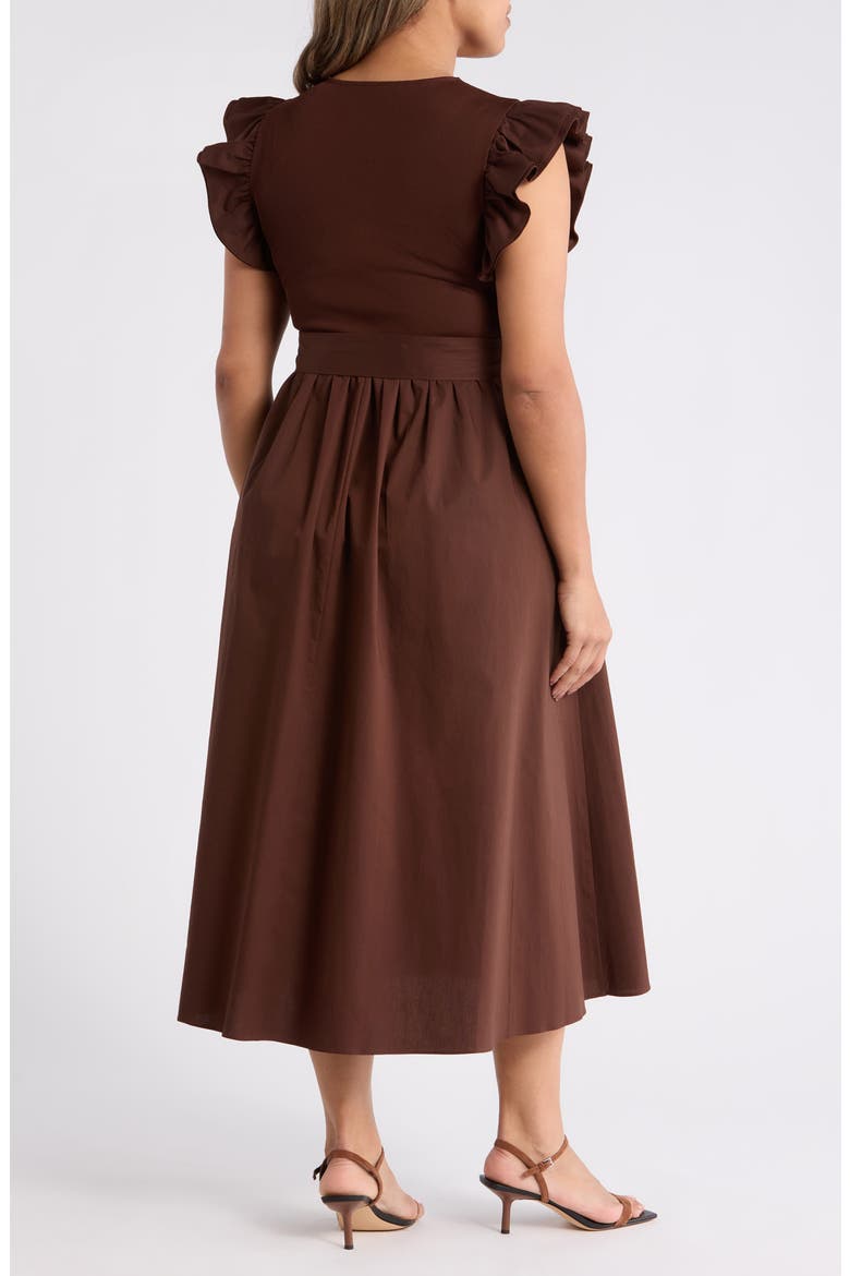 Mixed Media Ruffle Midi Dress, Alternate, color, DARK CHOCOLATE