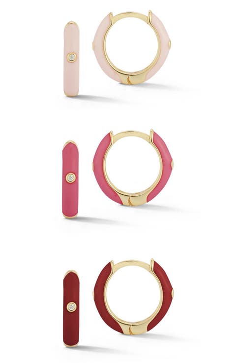 Set of 3 14K Gold Vermeil & CZ Huggie Hoop Earrings